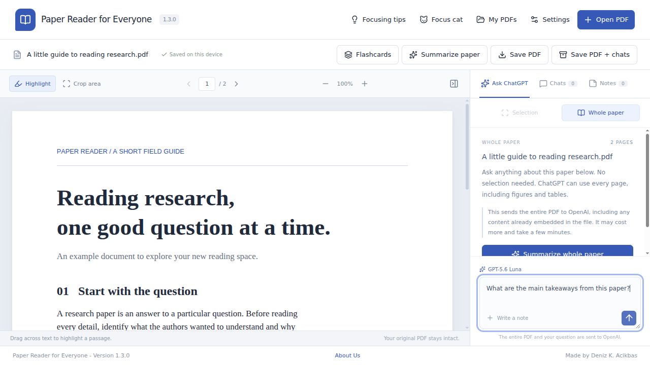 Paper Reader for Everyone showing a PDF and whole-paper questions