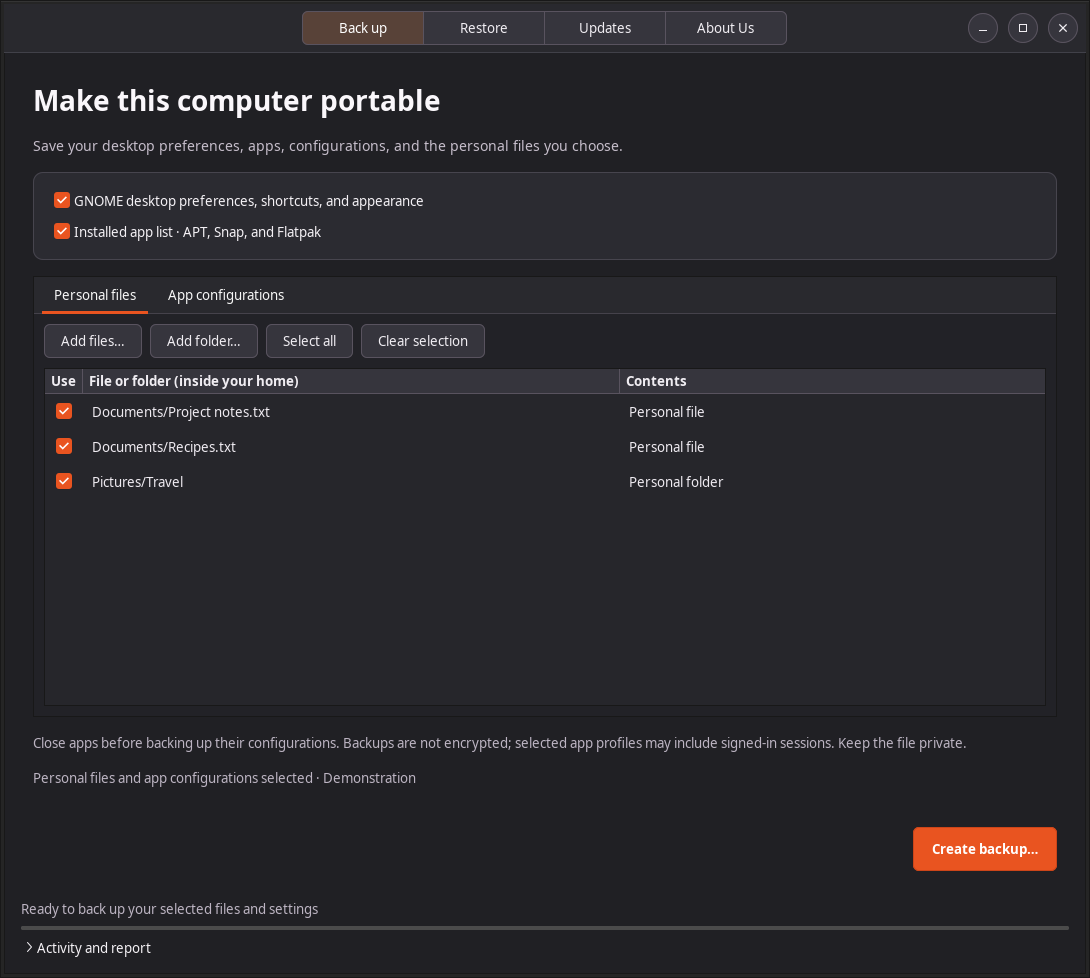 Ubuntu Backup desktop application showing selected files and backup settings